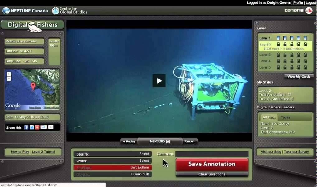 Primeras pruebas con el proyecto de ciencia ciudadana «Digital Fishers» de Ocean Networks Canadá